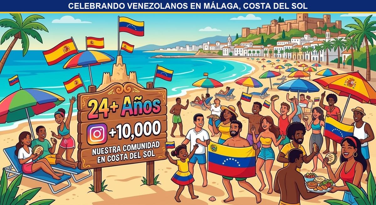 Ilustración de venezolanos celebrando en una playa de la Costa del Sol con banderas de Venezuela y España, y un cartel con más de 24 años y más de 10.000 seguidores