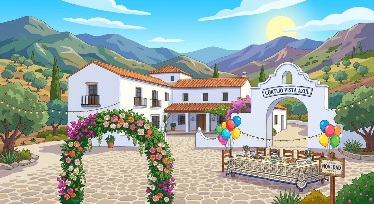 Ilustración del Cortijo Vista Azul, una casa blanca entre montañas con arco de flores, globos y mesa preparada para una celebración