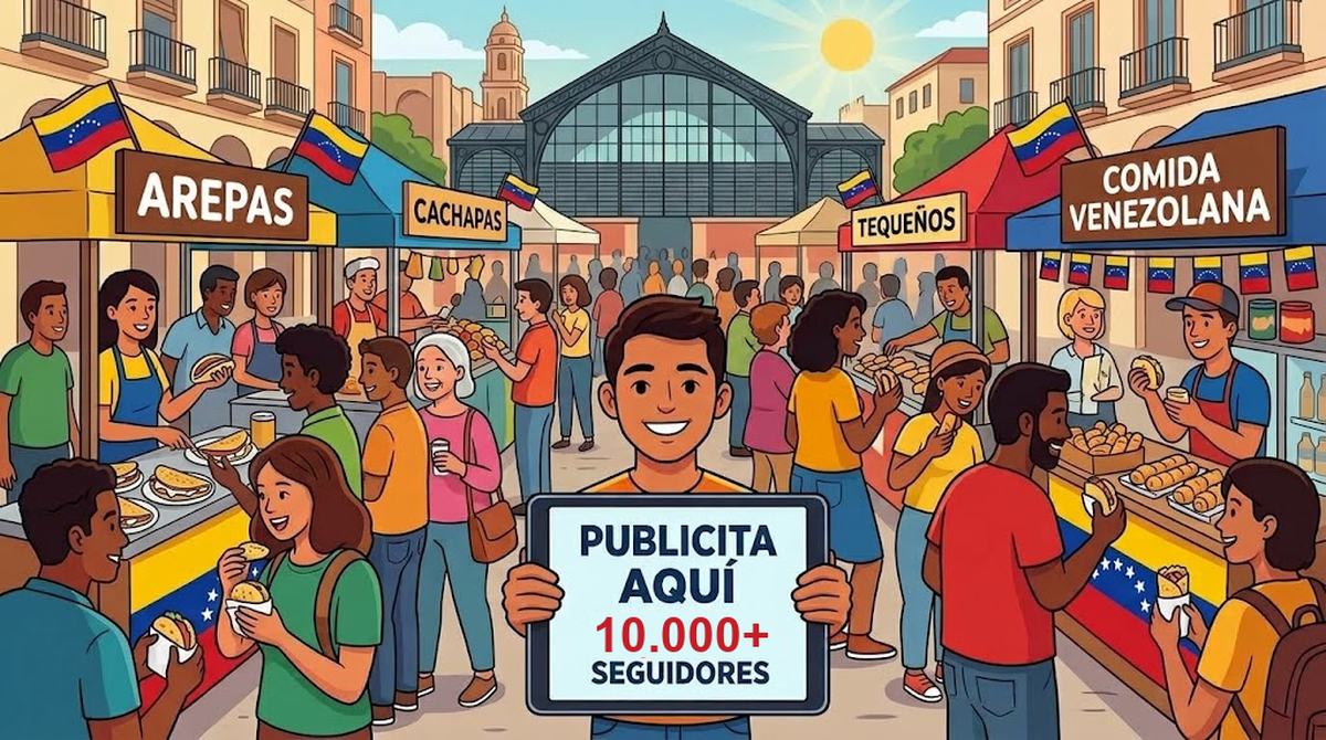 Ilustración de un mercado de comida venezolana en Málaga con puestos de arepas y tequeños y un cartel de publicidad para más de 10.000 seguidores